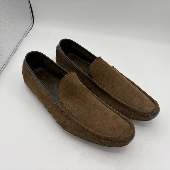 Gucci Men's Suede Moccasin Driving Loafers Brown Olive Size 12 - Picture 1 of 14